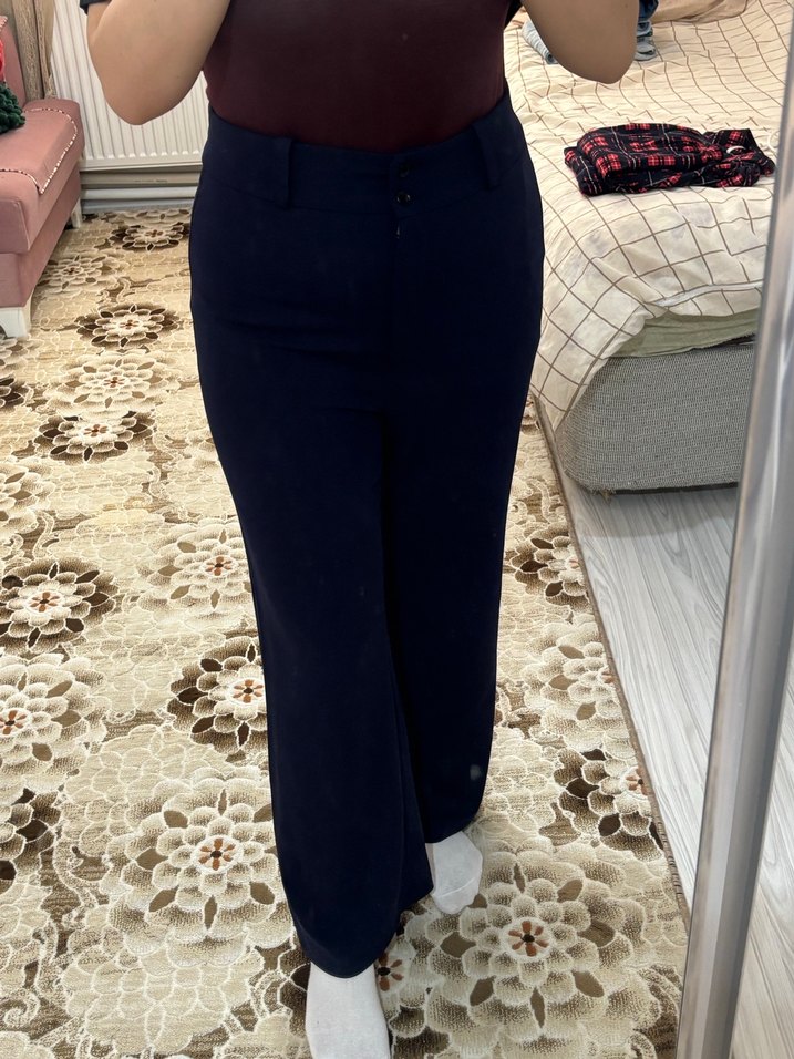 Düğmeli Lacivert Denim Kadın Pantolon - Görsel 2