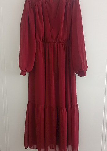 Bordo Uzun Drapeli Bohem Elbise - Görsel 4