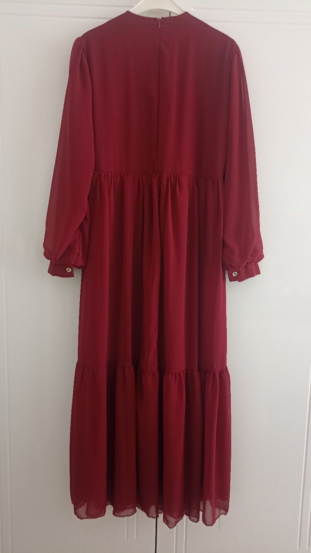 Bordo Uzun Drapeli Bohem Elbise - Görsel 2