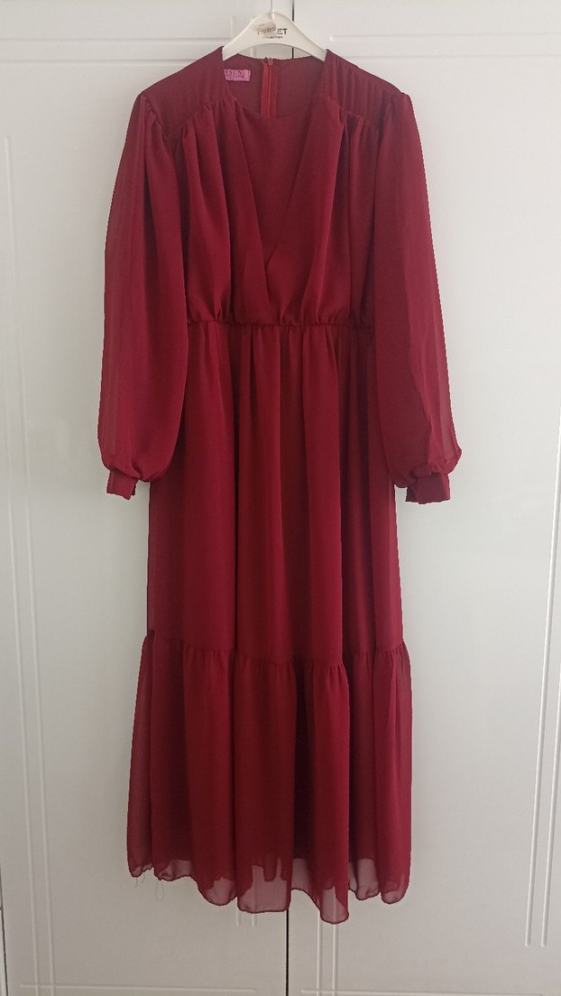 Bordo Uzun Drapeli Bohem Elbise - Görsel 4