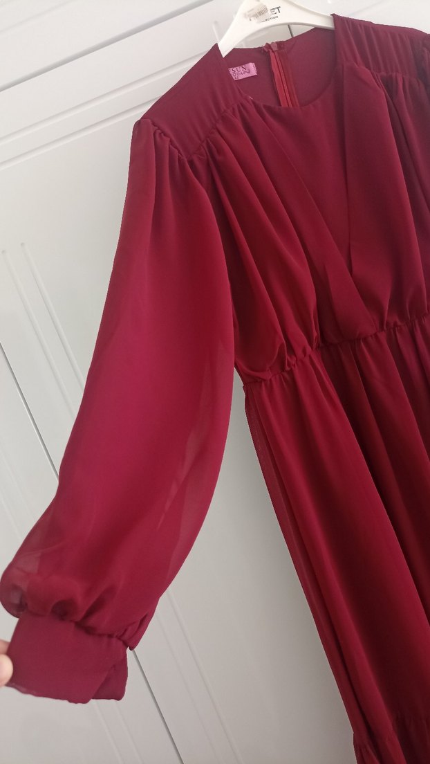 Bordo Uzun Drapeli Bohem Elbise - Görsel 3