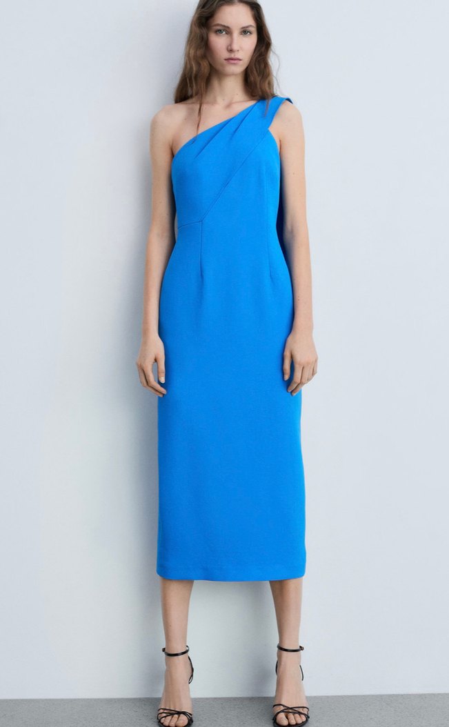 Mavi Drapeli Askısız Uzun Kadın Elbise - Görsel 3