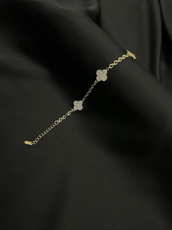 CM Taşlı yonca Zincir Detaylı Klasik Altın Bileklik - Görsel 3