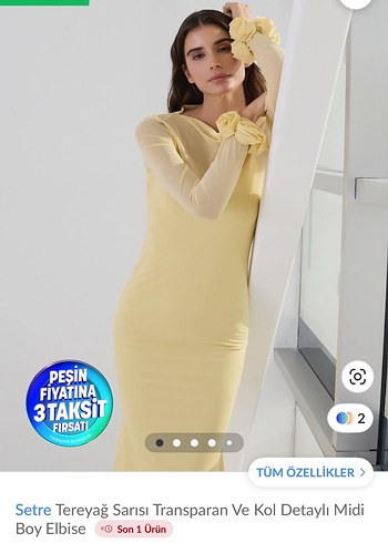m Beden Sarı V Yaka Setre Güllü Tül Uzun Kollu Kadın Elbise