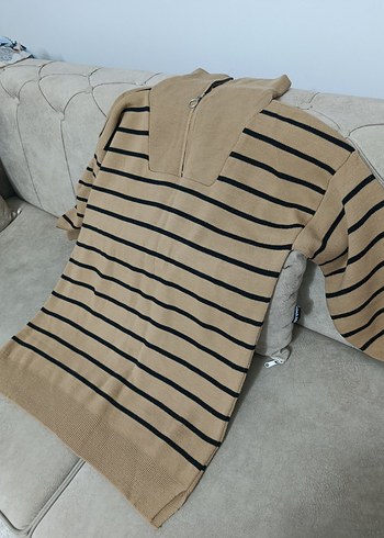 Kahverengi Çizgili Uzun Kollu Kadın Kazak - Görsel 2