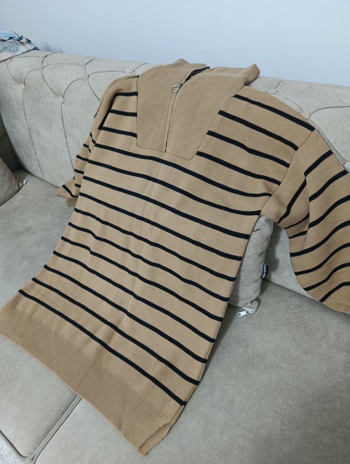 Kahverengi Çizgili Uzun Kollu Kadın Kazak - Görsel 2