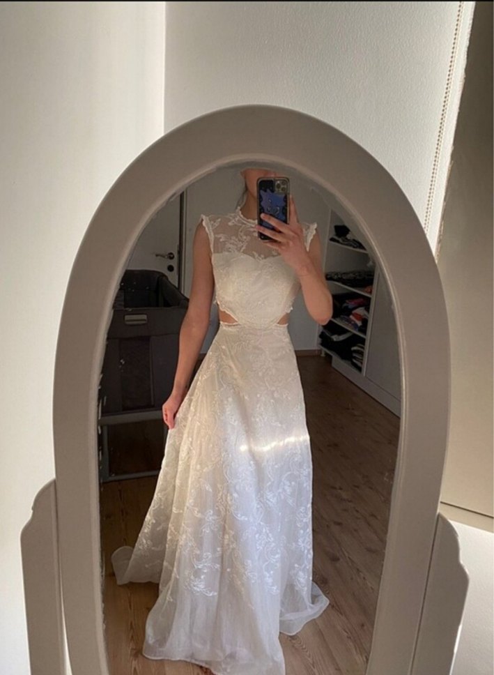 Dantel İşlemeli Beyaz Bohem Uzun Abiye Elbise - Görsel 3