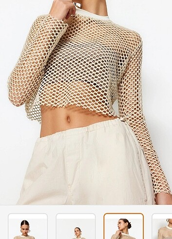 xs Beden trendyol marka bej lurex fileli rahat kesim bisiklet yaka crop ö