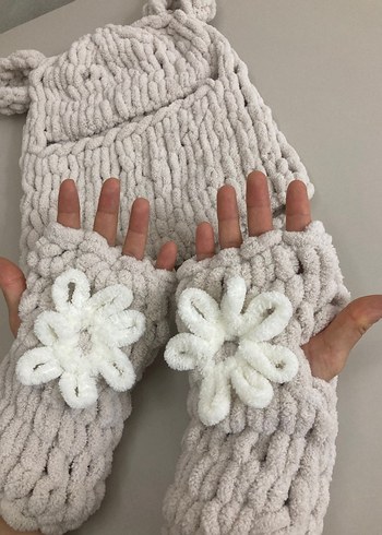 Bej Örgü Kadın Bere boyunluk balaklava  Eldiven - Görsel 2