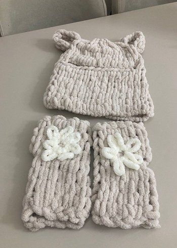 Bej Örgü Kadın Bere boyunluk balaklava  Eldiven - Görsel 3