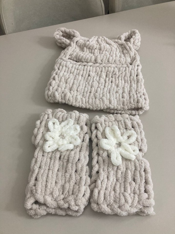 Bej Örgü Kadın Bere boyunluk balaklava  Eldiven - Görsel 3