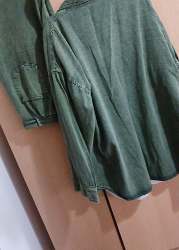 46 Beden yeşil Renk Düğmeli Loose Fit Midi Kadın Keten Ceket