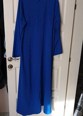 Uzun Kollu Mavi Keten Kadın Elbise - Görsel 4