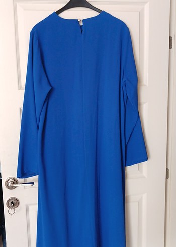 Uzun Kollu Mavi Keten Kadın Elbise - Görsel 5