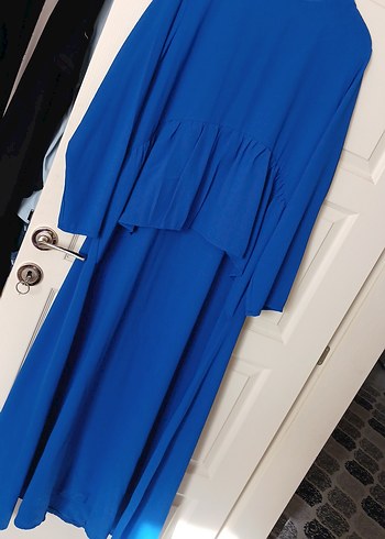 Uzun Kollu Mavi Keten Kadın Elbise - Görsel 3