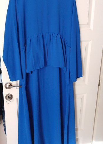 Uzun Kollu Mavi Keten Kadın Elbise - Görsel 2