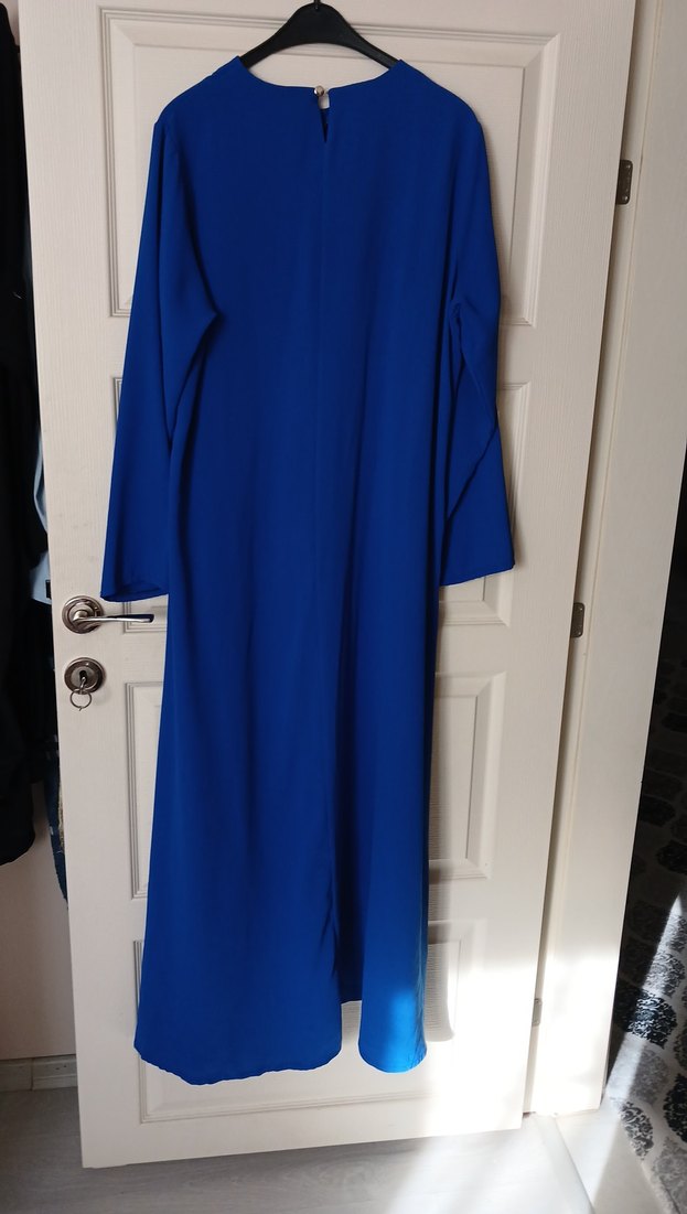 Uzun Kollu Mavi Keten Kadın Elbise - Görsel 4