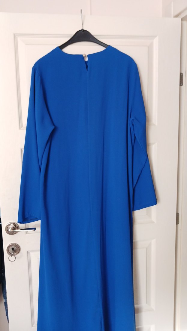 Uzun Kollu Mavi Keten Kadın Elbise - Görsel 5