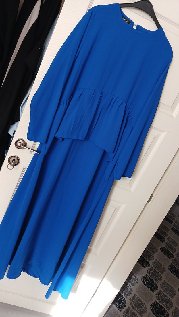 Uzun Kollu Mavi Keten Kadın Elbise - Görsel 3