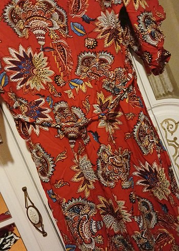 Kırmızı Desenli Bohem Uzun Elbise - Görsel 9