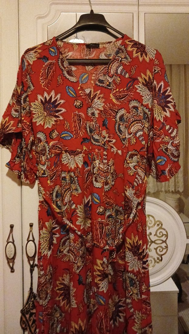 Kırmızı Desenli Bohem Uzun Elbise - Görsel 2