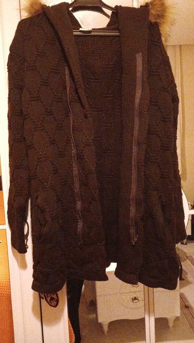 Kahverengi Örgü Hamile Midi Ceket - Görsel 2