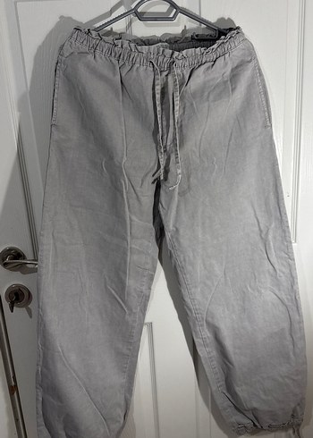 Gri Bol Kesim Keten Kadın Pantolon - Görsel 2