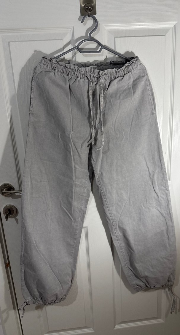 Gri Bol Kesim Keten Kadın Pantolon - Görsel 2