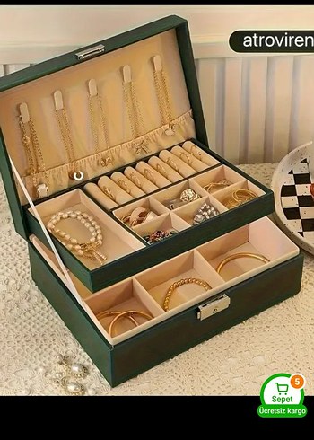  Beden altın Renk 2 katli Makyaj ve Takı Kutusu
