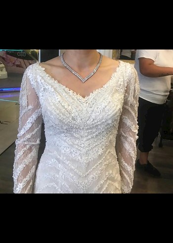 Uzun Kollu Beyaz Balık Gelinlik - Görsel 4