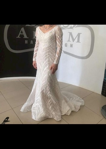 Uzun Kollu Beyaz Balık Gelinlik - Görsel 3