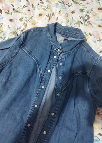 40 Beden Kadın Gri Denim Düğmeli Midi Gömlek