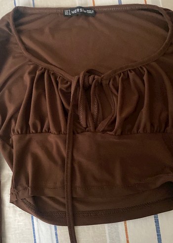 Uzun Kollu Kahverengi Drapeli Bluz - Görsel 2