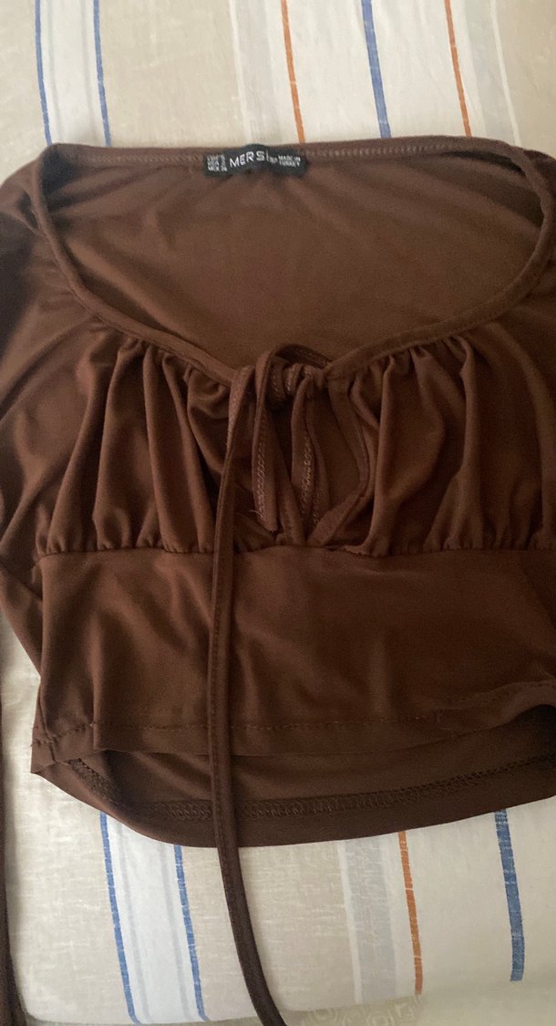 Uzun Kollu Kahverengi Drapeli Bluz - Görsel 2