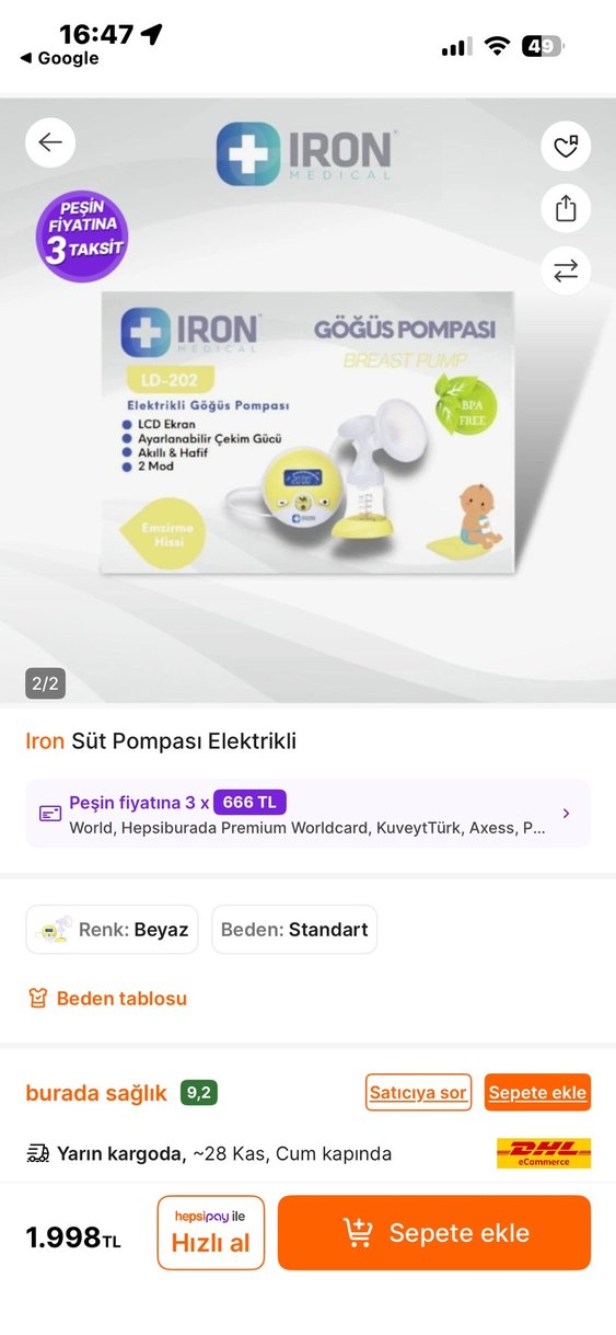 IRON LD-202 Elektrikli Göğüs Pompası Sarı - Görsel 4