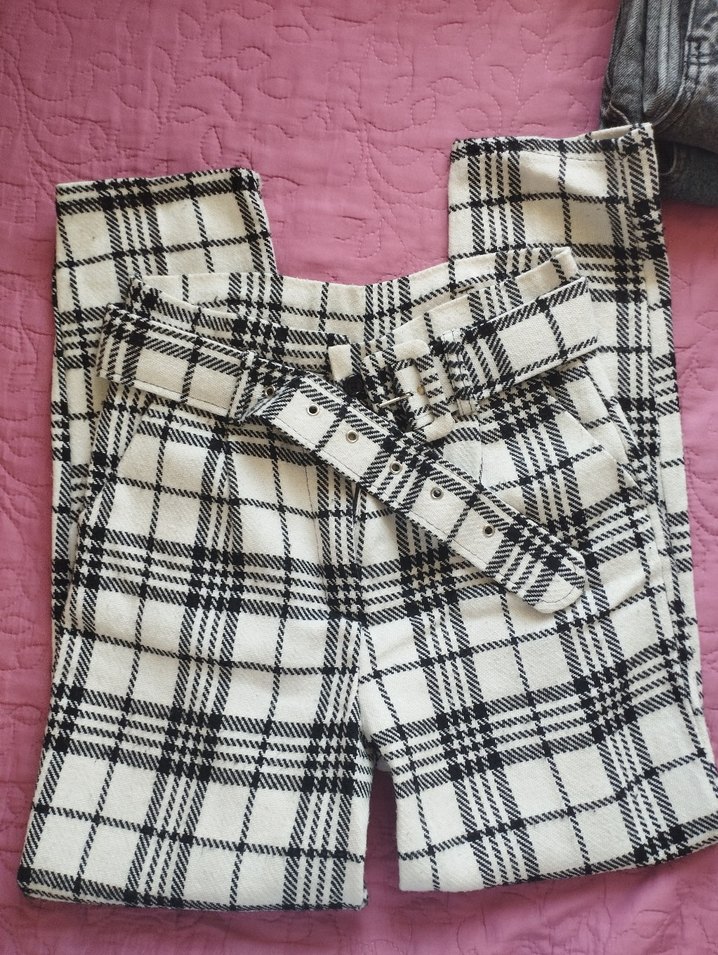 Kadın Beyaz Ekose Kumaş Pantolon - Görsel 2