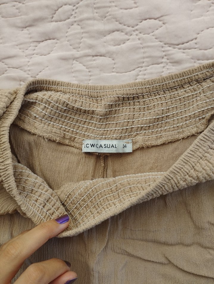 Bej Keten Bol Kesim Kadın Pantolon - Görsel 3