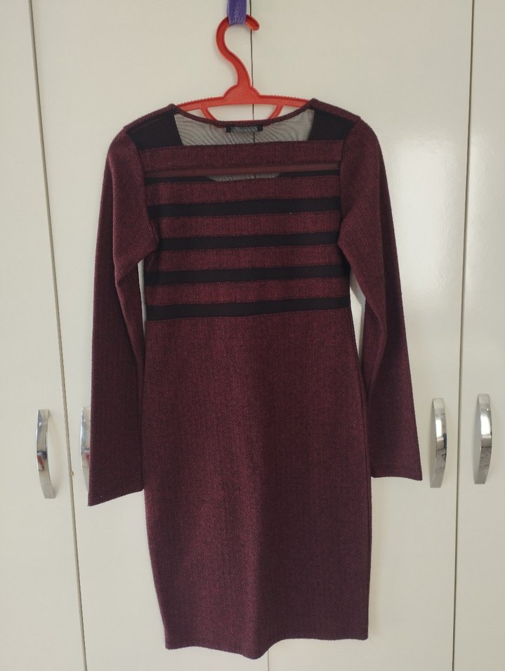 Bordo Uzun Kollu Triko Kadın Elbise - Görsel 4