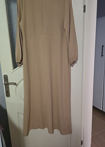 40 Beden Bej Uzun Keten Elbise, Fırfırlı, Salaş Kesim