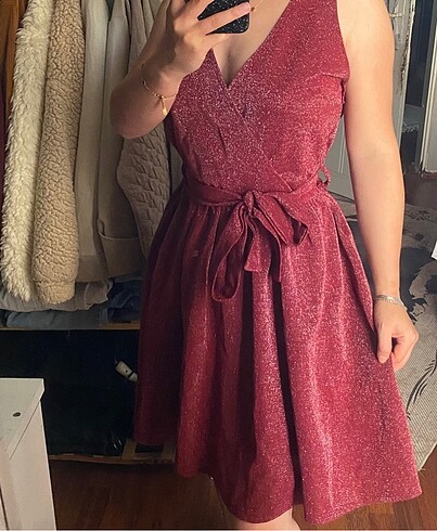 xl Beden bordo Renk Simli mini elbise