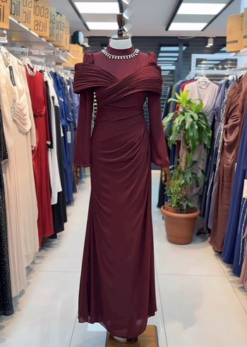 Bordo Drapeli Uzun Abiye Elbise - Görsel 4