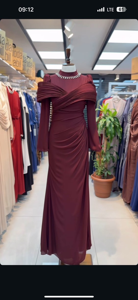 Bordo Drapeli Uzun Abiye Elbise - Görsel 2