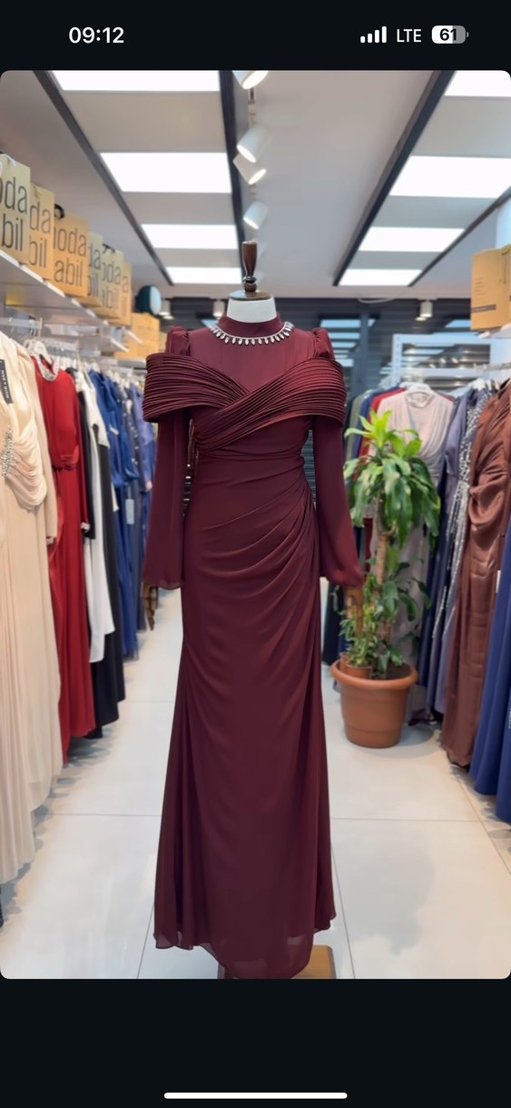 Bordo Drapeli Uzun Abiye Elbise - Görsel 3