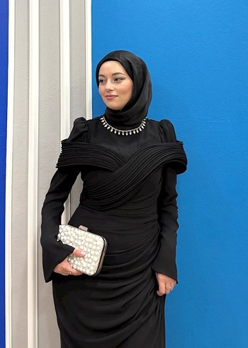 Siyah Drapeli Uzun Abiye Elbise - Görsel 2