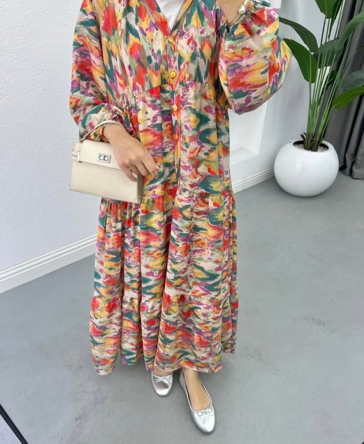 Bohem Çok Renkli Uzun mango Elbise - Görsel 3