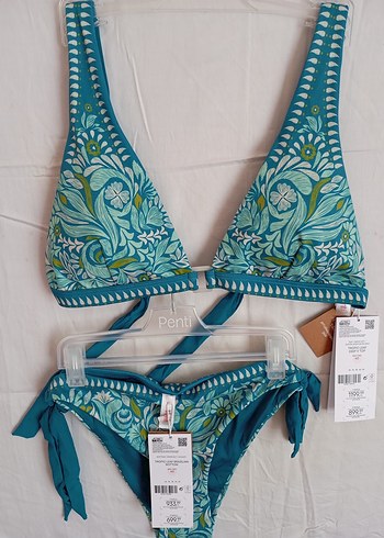 40 Beden Turkuaz Dantel Detaylı Bohem Bikini