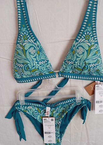 Turkuaz Dantel Detaylı Bohem Bikini
