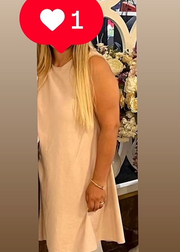 Diğer Bej Kolsuz Midi Keten Elbise