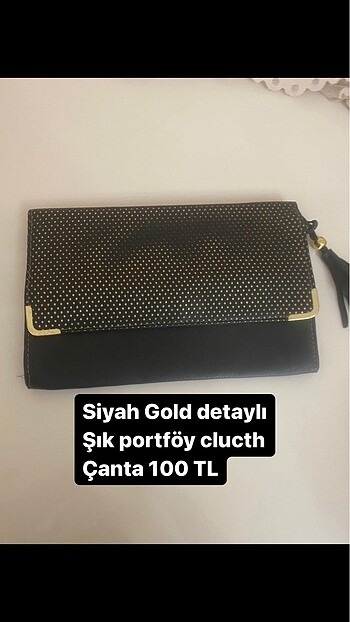 100 TL Siyah Gold İşlemeli Şık Büyük Portföy Clucth Çanta