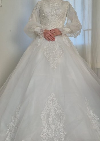 Vintage Uzun Kollu Beyaz Gelinlik - Görsel 10